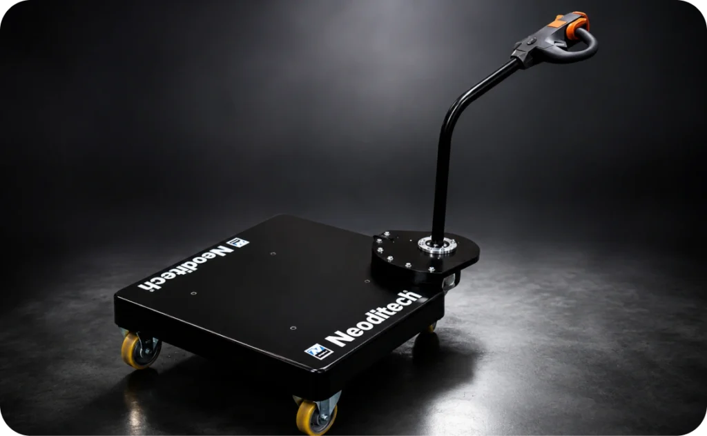 Autonomous electric wheel base mounted on the Neoditech mobile jib crane, allowing the lifting equipment to be moved without a pallet truck.