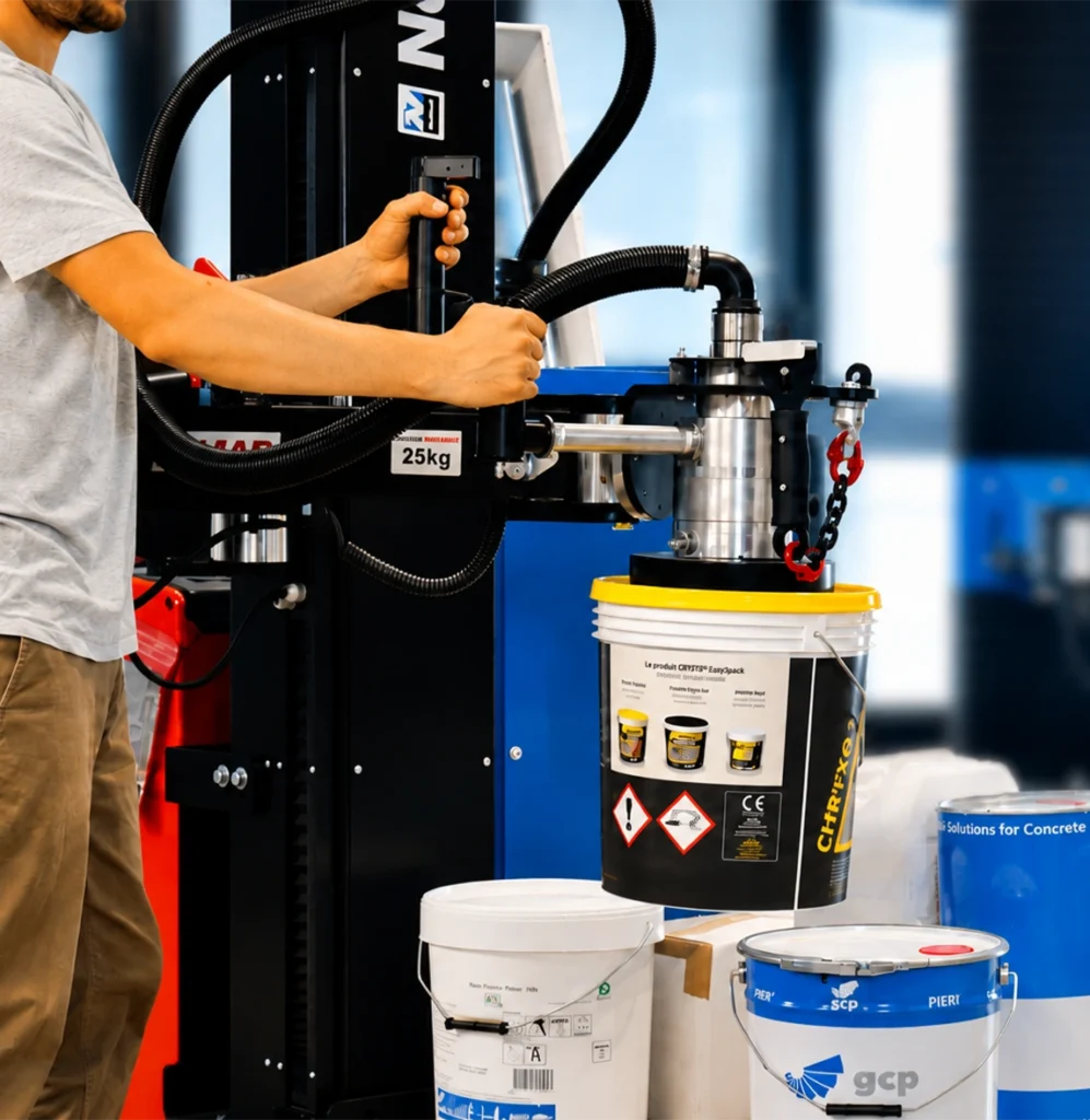 Neoditech Mobile Order Picker handling a bucket using a round suction cup