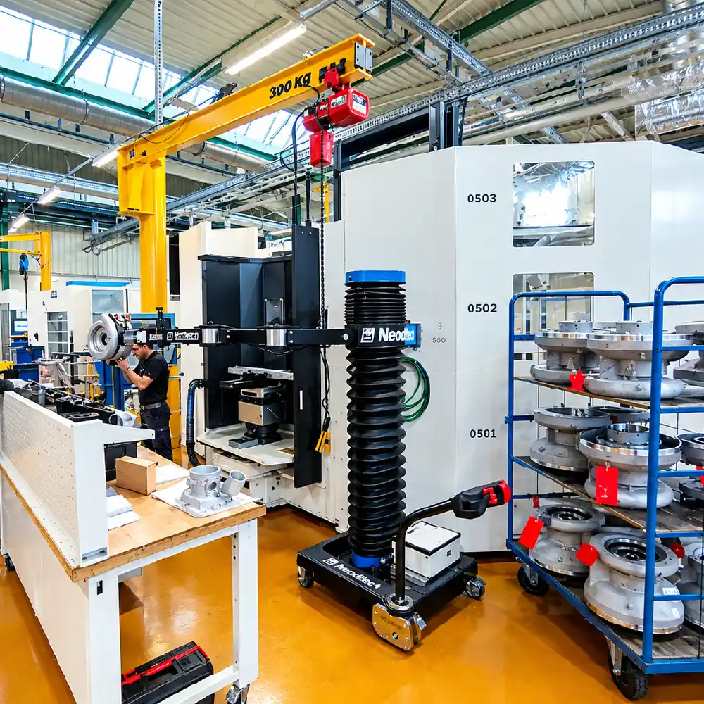 Agricultural machinery material handling: Neoditech SCARA PARTS manipulator arm handling a housing