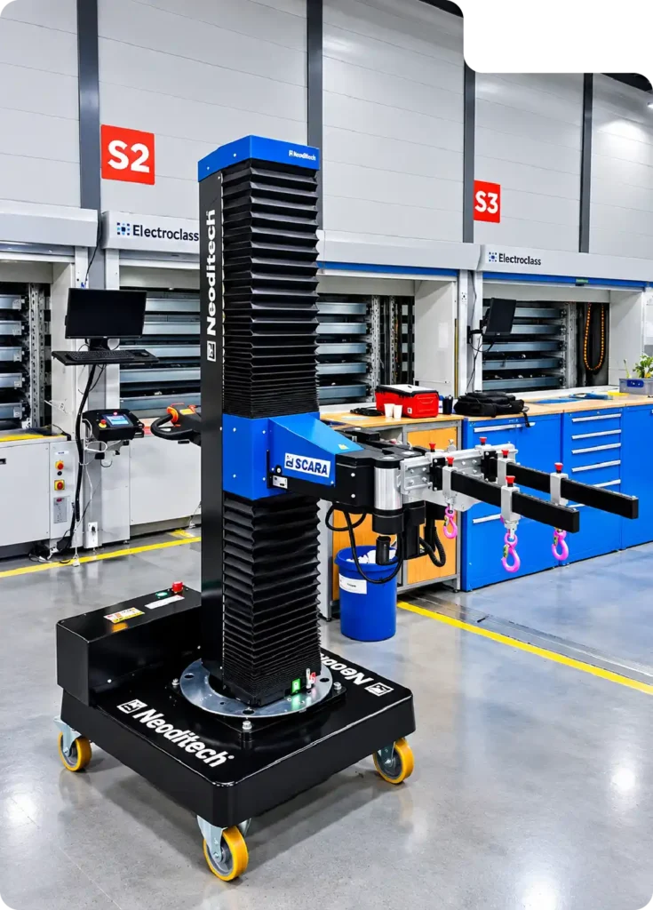Railway industry material handling: Neoditech SCARA TITAN manipulator arm picking components from an automated storage system