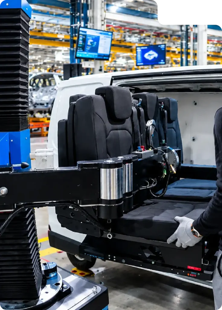 Inserting a car bench seat into a van using the Neoditech SCARA TITAN manipulator arm - automotive industry material handling