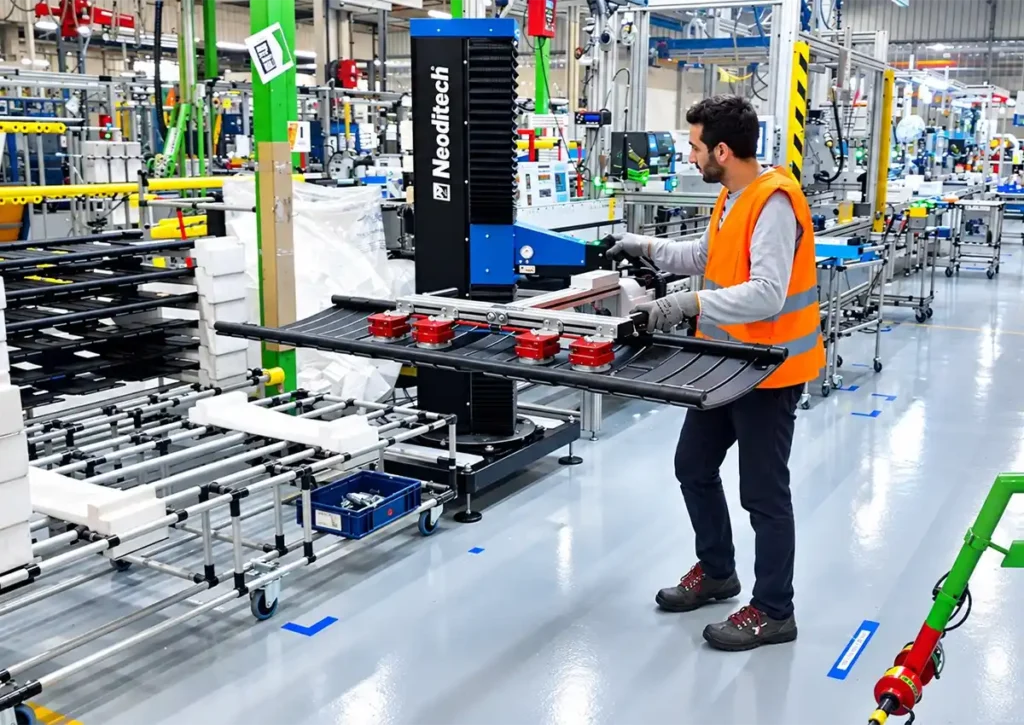 Handling a 35 kg heated towel rail using the Neoditech SCARA TITAN manipulator arm fitted with a pneumatic magnet gripper, ergonomic lifting equipment industry