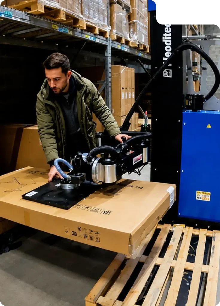 Television carton handling using a vacuum box fitted on a Neoditech Mobile Order Picker for logistics and warehouse ergonomic handling