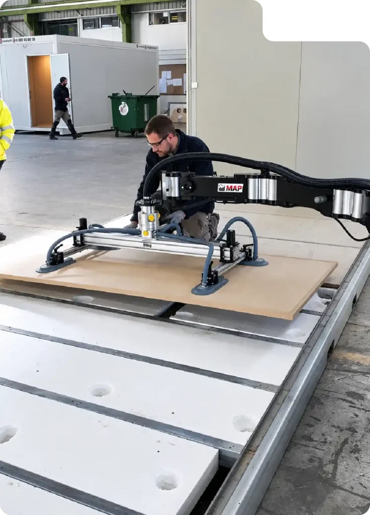Construction industry material handling: installing a precast floor slab using the Neoditech Mobile Order Picking Arm fitted with a suction gripper