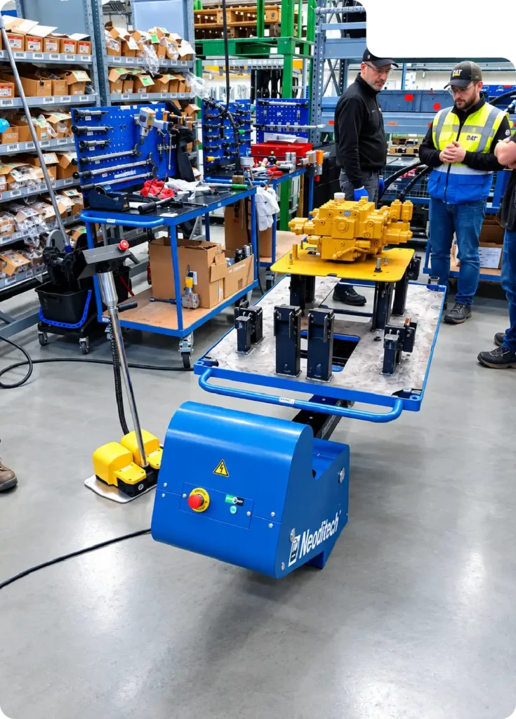 Agricultural machinery material handling: Neoditech ERGO360 ergonomic positioner holding a hydraulic valve block