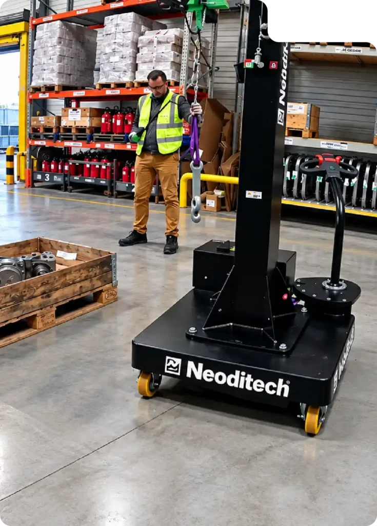 Railway industry material handling: unloading heavy railway parts using the Neoditech Mobile Jib Crane