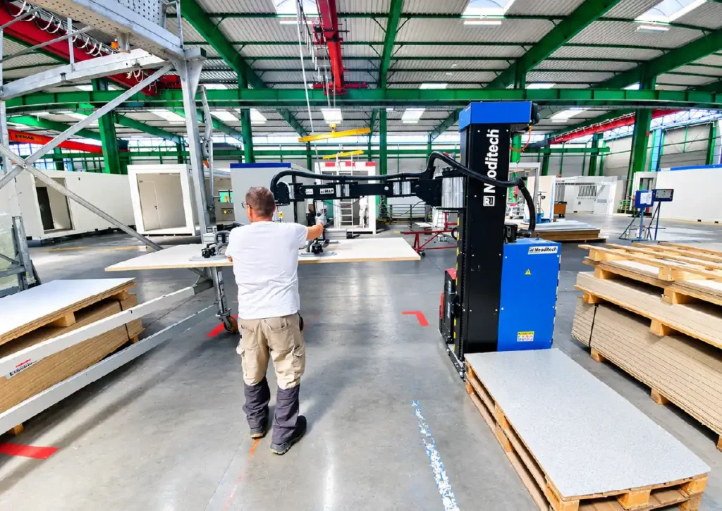 Construction industry material handling: Neoditech Mobile Order Picking Arm handling a 78 kg floor slab using a suction gripper