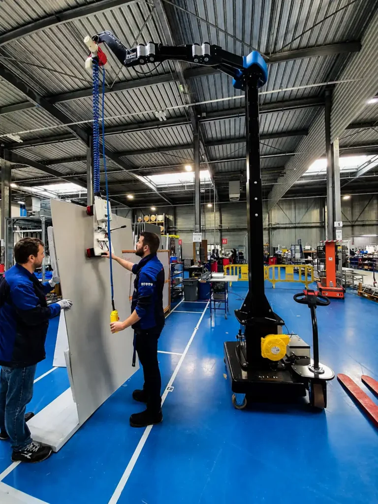 Handling a sheet metal panel using the Neoditech Mobile Jib Crane, an industrial manipulator